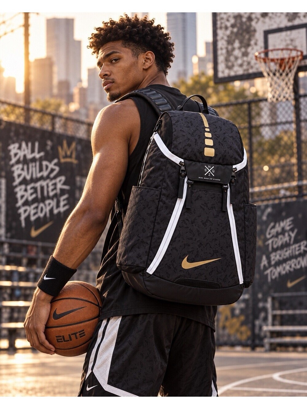 Nike Elite Quad Zip System Basketball Backpack Black Gold NQZS Hoops Bag